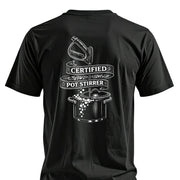 Black t-shirt with 'Certified Pot Stirrer' graphic, featuring pressure washer nozzle and pot design