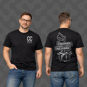 Black softwash supply t-shirt front and back, featuring 'Certified Pot Stirrer' graphic and CC logo for cleaning pros.