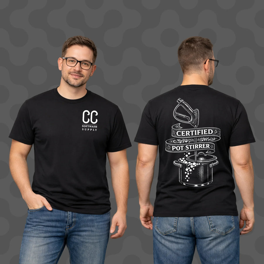 Black softwash supply t-shirt front and back, featuring 'Certified Pot Stirrer' graphic and CC logo for cleaning pros.