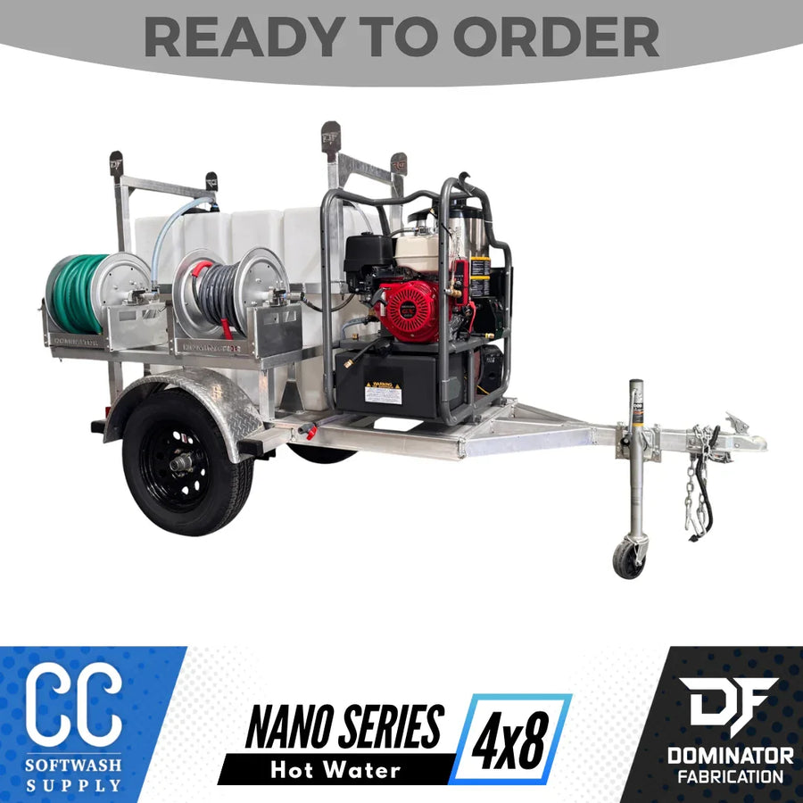 Nano Series 4x8 hot water softwash trailer with hose reels and engine, ready to order