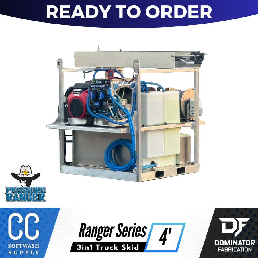 Ranger Series 4' 3in1 truck skid softwash equipment with Honda engine and blue hoses, ready to order