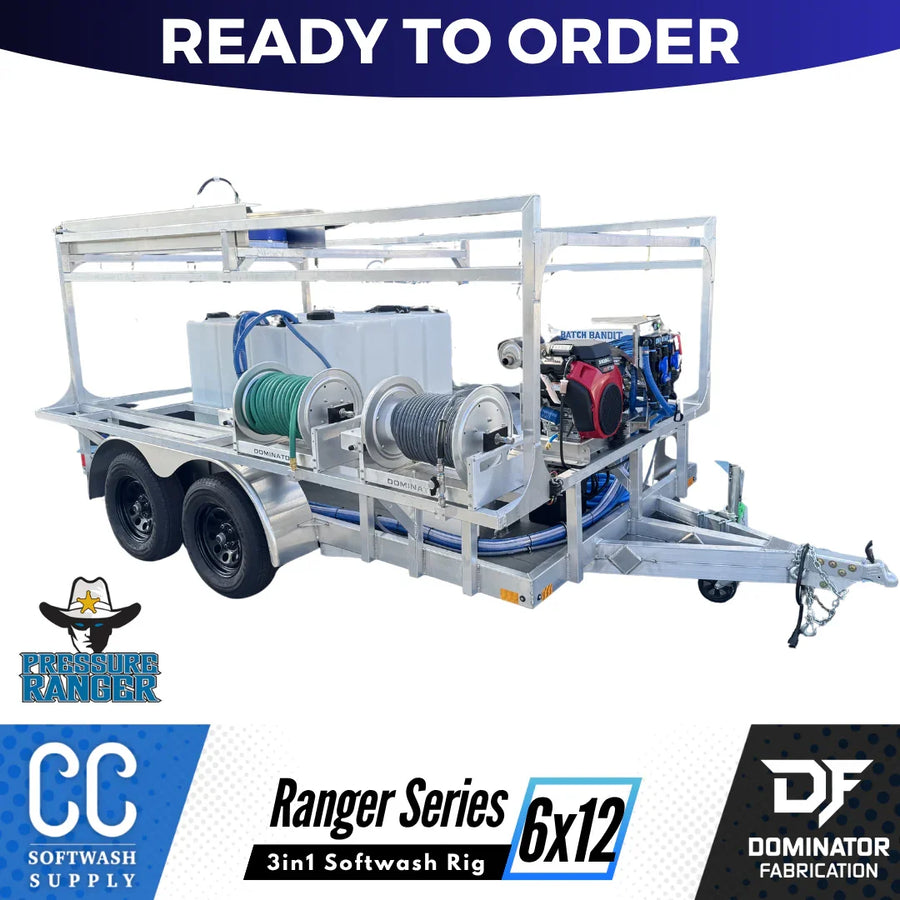 Ranger Series 6x12 3in1 Softwash Rig with hoses and tanks, ready for professional cleaning tasks.