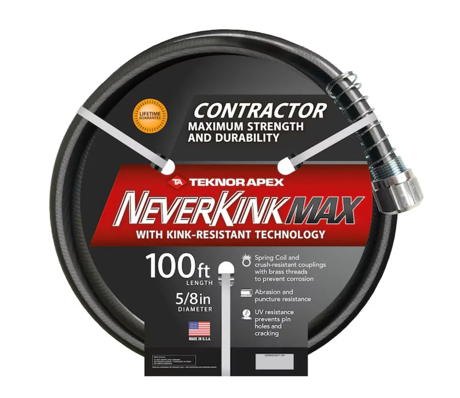 Teknor Apex NeverKink Max 100ft contractor hose with kink-resistant tech, 5/8in diameter, made in USA