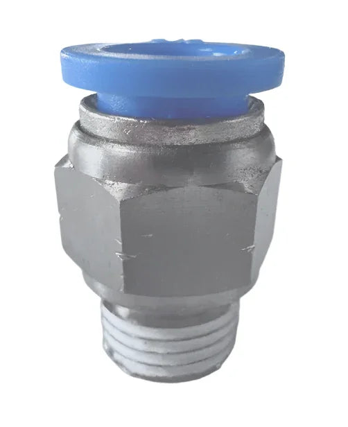 Blue and metal quick connect fitting for softwash equipment