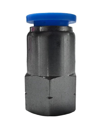 Black softwash quick connect fitting with blue cap for pressure washing equipment