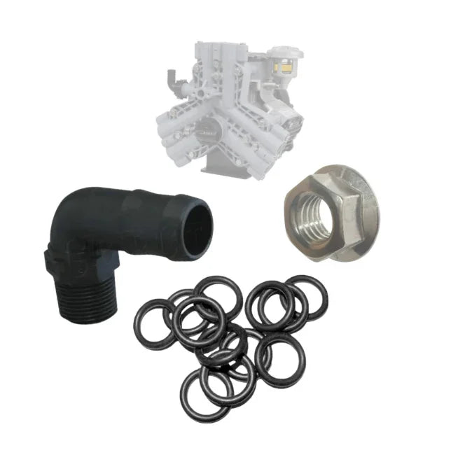 Softwash pump repair kit with elbow fitting, O-rings, and nut for pressure washer maintenance