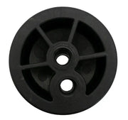 Black plastic softwash equipment wheel with dual mounting holes for pressure washer systems