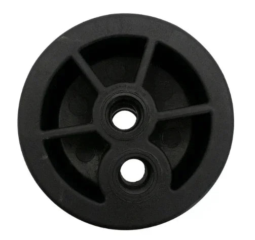 Black plastic softwash equipment wheel with dual mounting holes for pressure washer systems