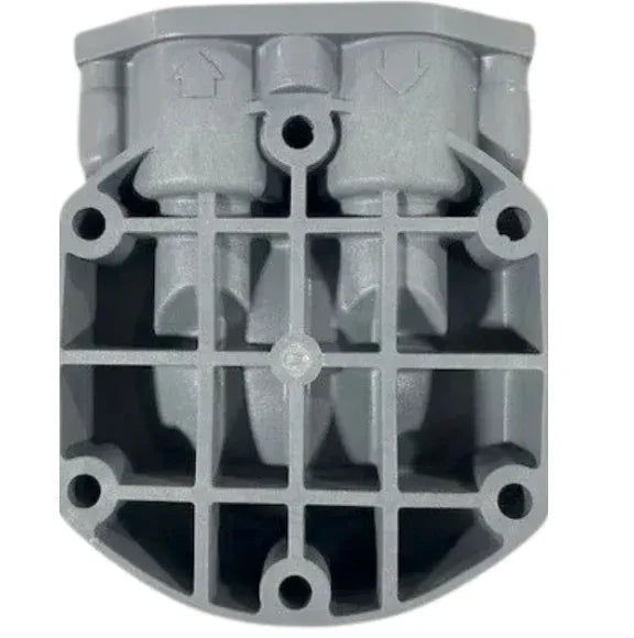 Gray plastic softwash pump housing with grid design and mounting holes