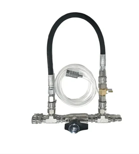 Softwash chemical injector with hose and fittings for pressure washing systems