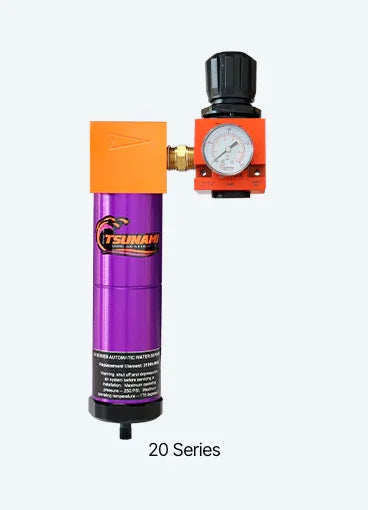 Purple 20 Series softwash chemical injector with pressure gauge, ideal for professional cleaning equipment