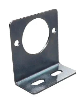 Metal L-bracket with circular cutout and mounting holes for softwash equipment installation