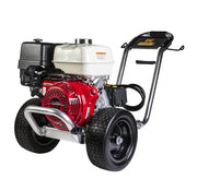 Honda-powered softwash pressure washer with wheeled frame for commercial cleaning