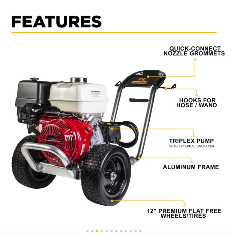 Professional softwash pressure washer with Honda engine, triplex pump, and 12" flat-free tires for commercial cleaning