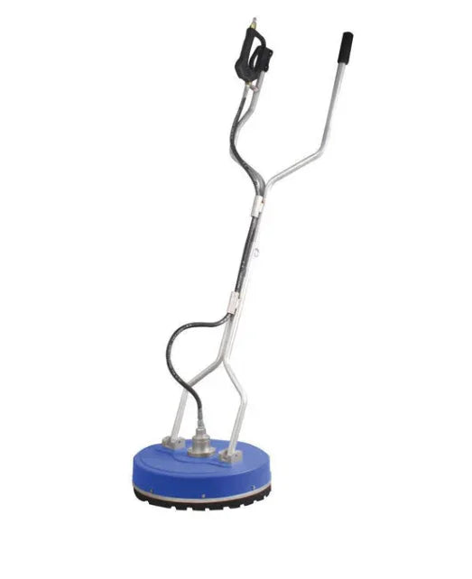 Blue softwash surface cleaner with ergonomic handle and pressure washer attachment for efficient exterior cleaning