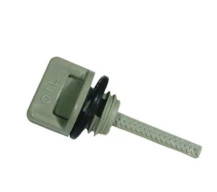 Oil dipstick for softwash equipment, olive green with textured handle and labeled cap