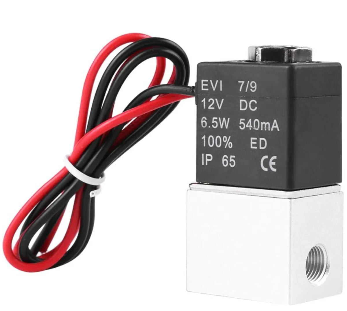 12V DC solenoid valve with red and black wires, IP65 rated for softwash equipment