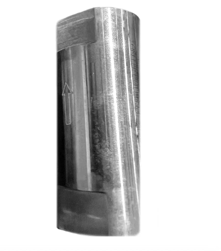 Metal softwash chemical injector with flow arrow and measurement markings for precise cleaning solutions