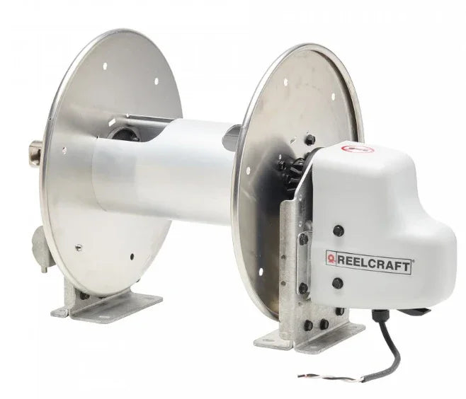 Reelcraft industrial hose reel for softwash equipment, durable metal construction with motorized rewind