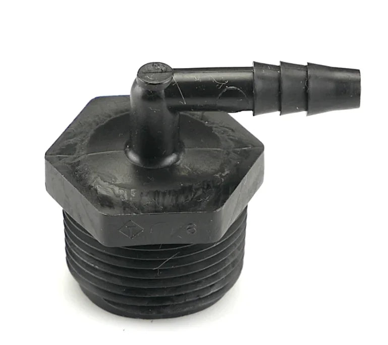 Black softwash chemical injector with threaded base and hose barb for pressure washing systems