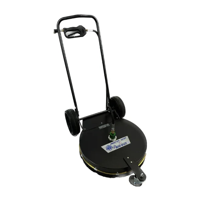 Black softwash surface cleaner with wheels and spray gun for efficient exterior cleaning