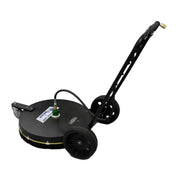 Black softwash surface cleaner with wheels and hose attachment for pressure washing