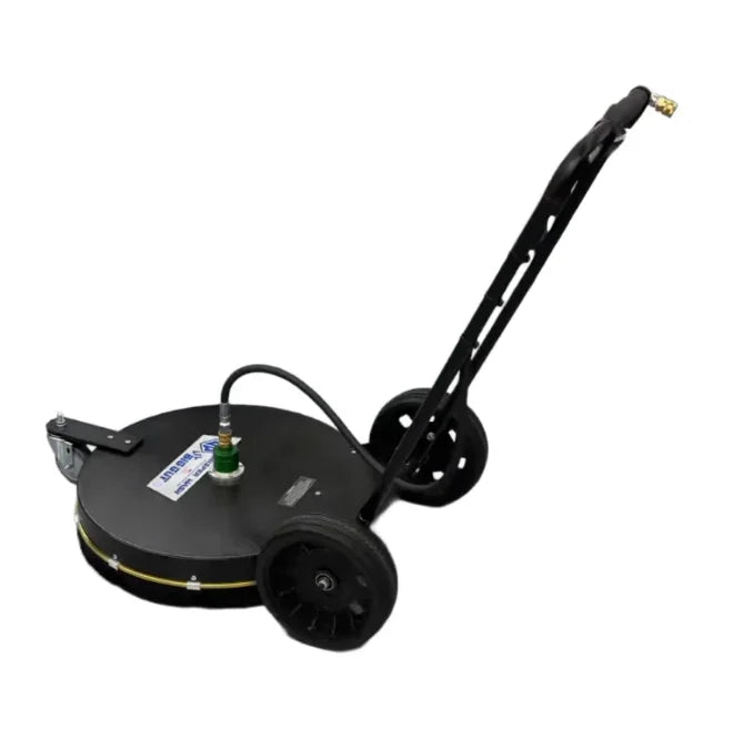 Black softwash surface cleaner with wheels and hose attachment for pressure washing
