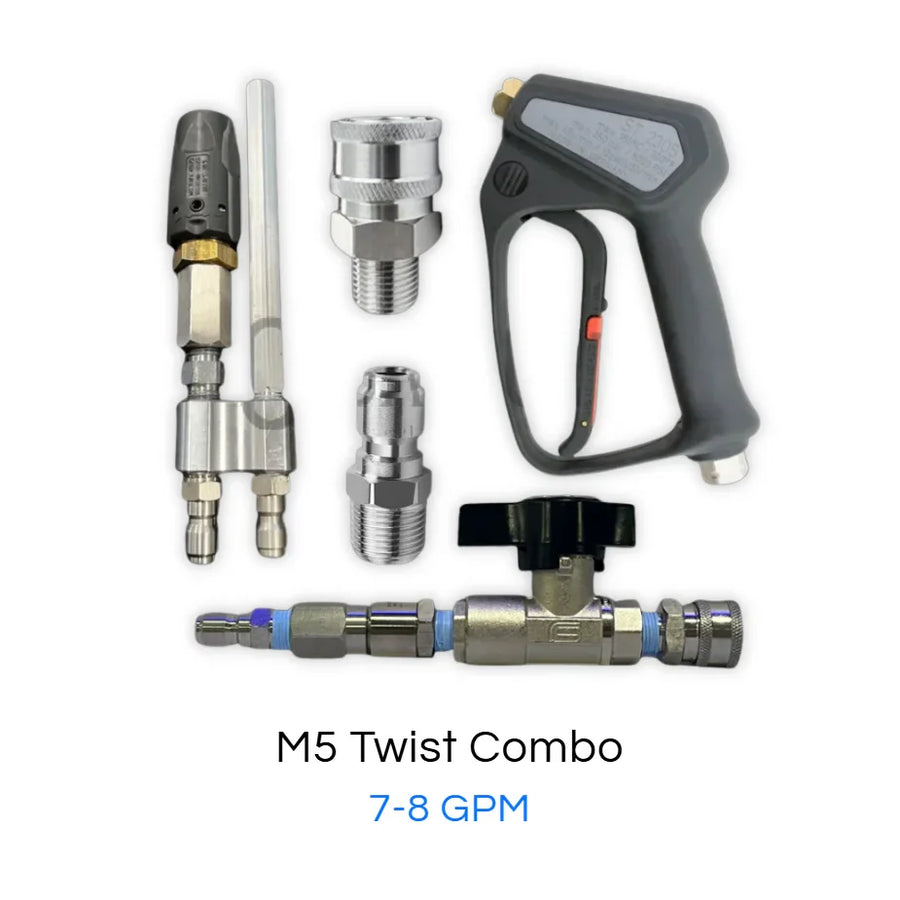 M5 Twist Combo softwash equipment with 7-8 GPM pressure washer gun, nozzles, and connectors for professional cleaning