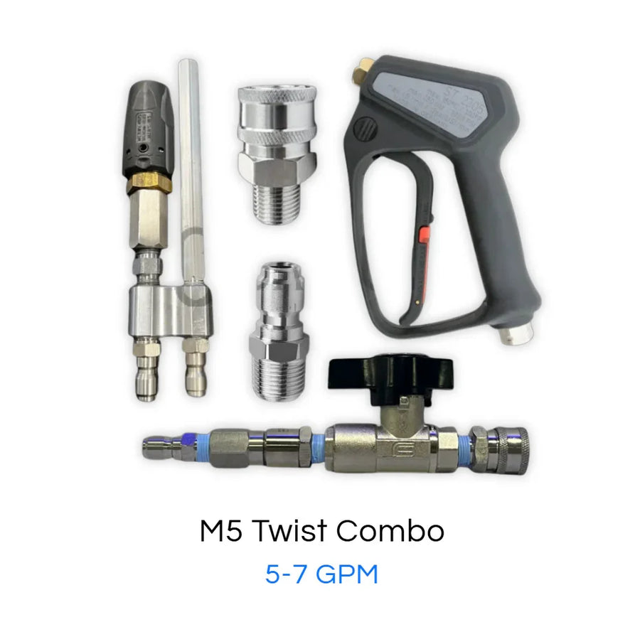 M5 Twist Combo softwash equipment with 5-7 GPM spray gun, nozzles, and connectors for professional cleaning