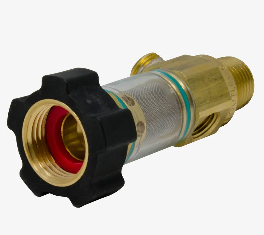Brass softwash filter with black handle and red seal for cleaning equipment