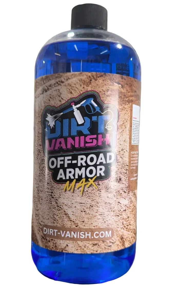 Dirt Vanish Off-Road Armor Max cleaning solution for tough dirt removal, blue liquid in clear bottle