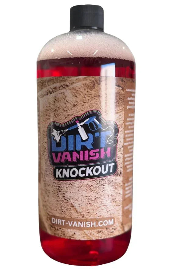 Dirt Vanish Knockout softwash cleaning solution in red liquid bottle for exterior surface cleaning