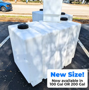 White softwash chemical tanks, 100 or 200 gallon sizes, for professional cleaning equipment