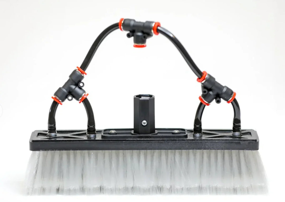 Softwash brush with dual spray nozzles and sturdy black frame for professional exterior cleaning