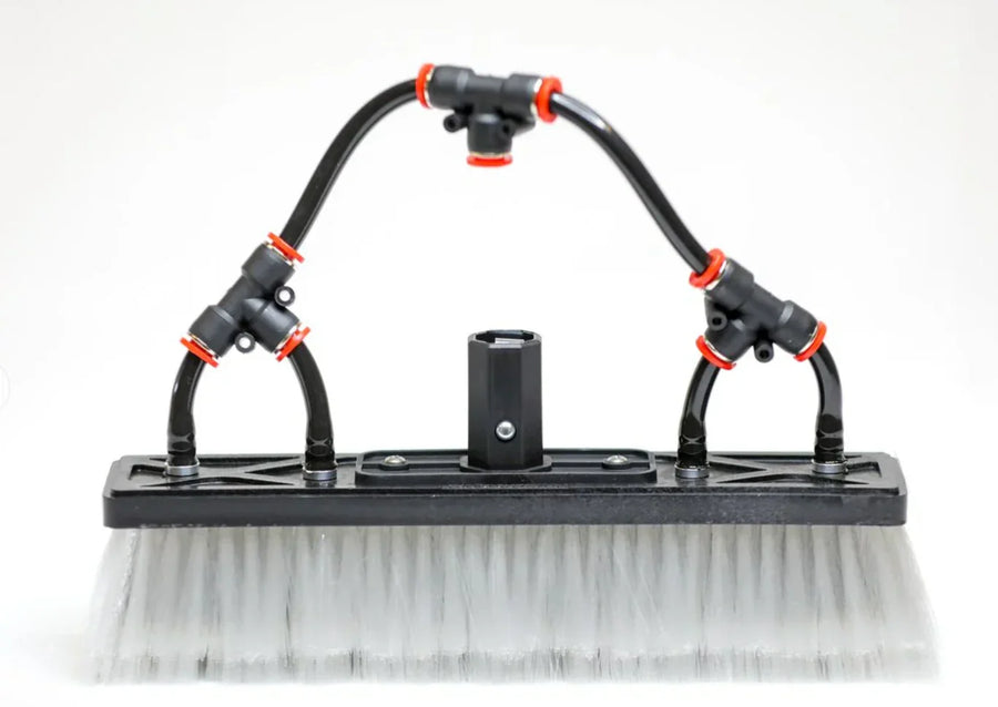 Softwash brush with dual spray nozzles and sturdy black frame for professional exterior cleaning