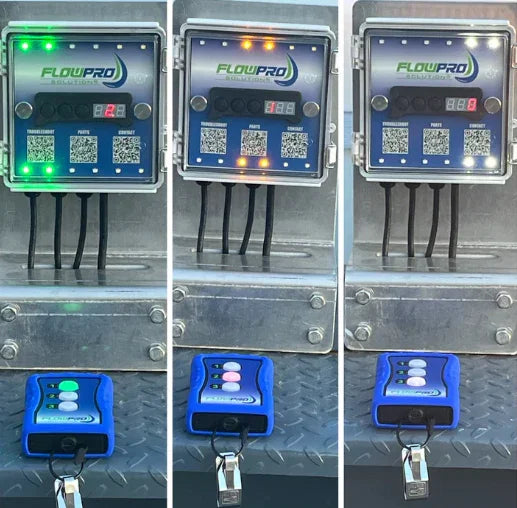 FlowPro softwash control panels with LED indicators and remote controllers for professional cleaning systems