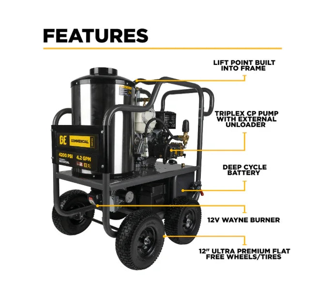 Commercial softwash pressure washer with 4200 PSI, triplex pump, deep cycle battery, and 12" flat-free tires