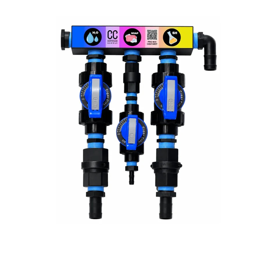 Softwash chemical injector system with H2O, soap, and SH ports for professional pressure washing