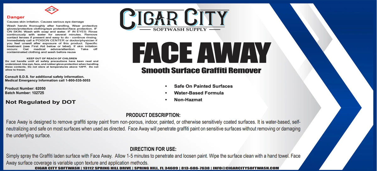 Face Away smooth surface graffiti remover, water-based, safe on painted surfaces for softwash cleaning