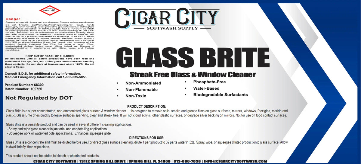 Glass Brite streak-free glass & window cleaner label with safety info and product details for softwash use