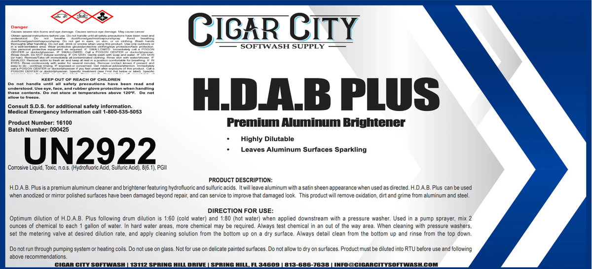 H.D.A.B Plus Premium Aluminum Brightener label for softwash cleaning, highly dilutable, leaves surfaces sparkling