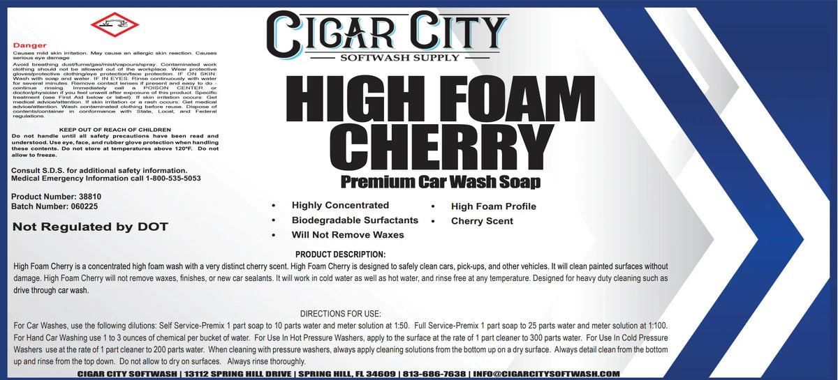 High Foam Cherry Premium Car Wash Soap label with safety info and usage directions for softwash cleaning