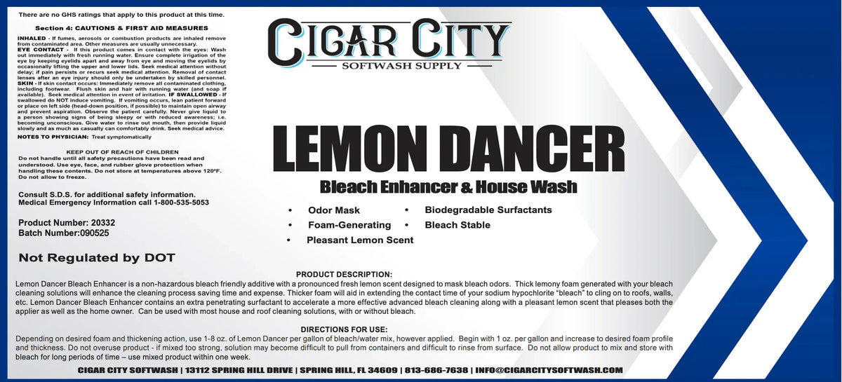 Lemon Dancer bleach enhancer & house wash product label with safety info and usage directions for softwash cleaning