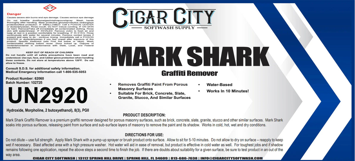 Mark Shark Graffiti Remover for brick, concrete, slate – water-based, works in 10 mins, softwash supply