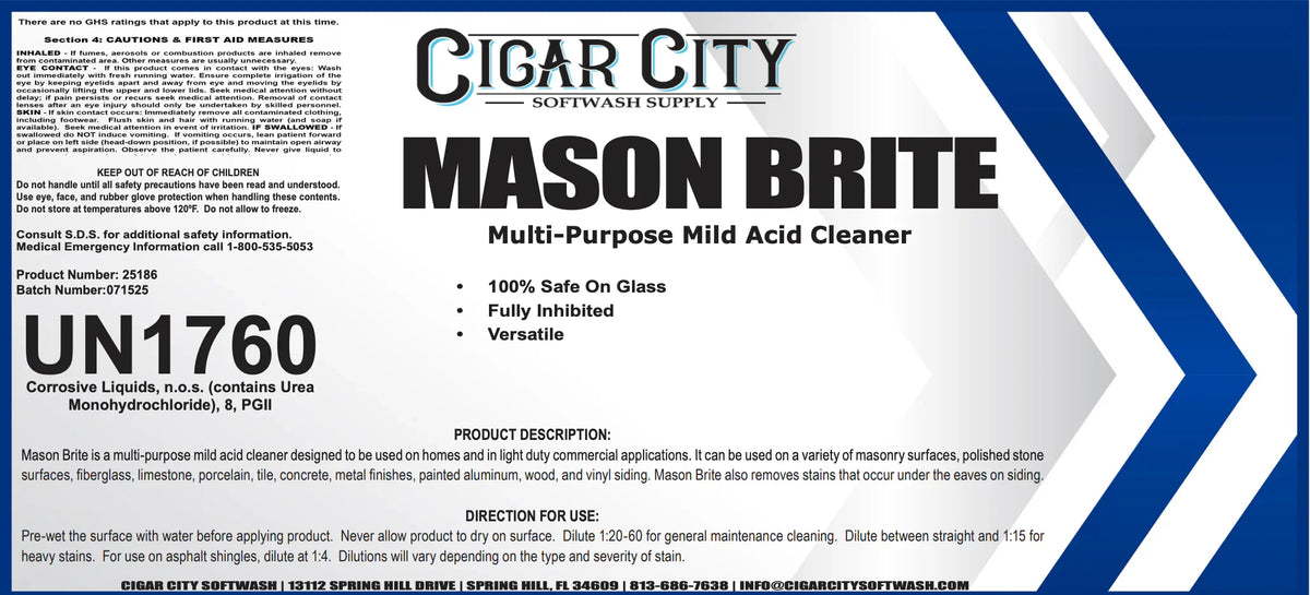 Mason Brite multi-purpose mild acid cleaner for softwash, safe on glass, versatile for masonry & siding