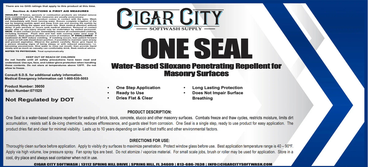 One Seal water-based siloxane repellent for masonry surfaces, softwash supply product label