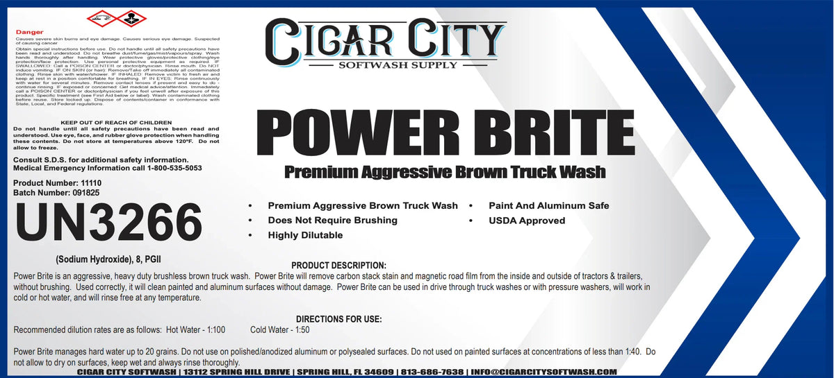 Power Brite premium aggressive brown truck wash label, softwash supply product for heavy-duty cleaning
