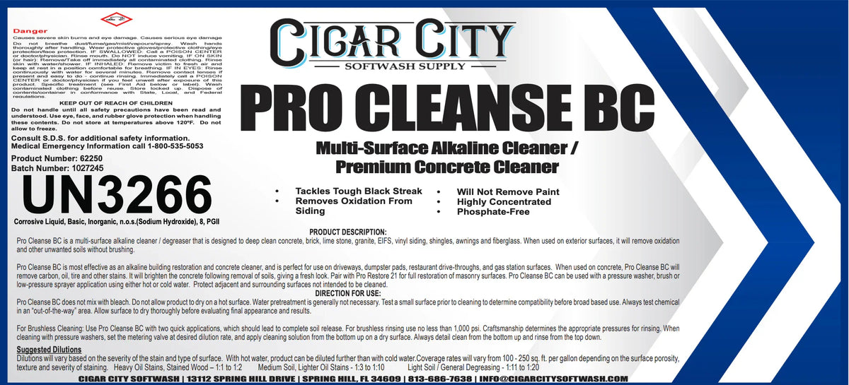 Pro Cleanse BC multi-surface alkaline cleaner for concrete, siding, and masonry — phosphate-free, concentrated softwash solution
