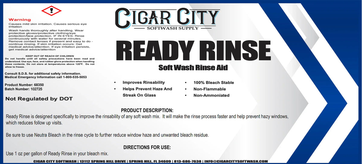 Ready Rinse soft wash rinse aid label with safety info and usage directions for window cleaning
