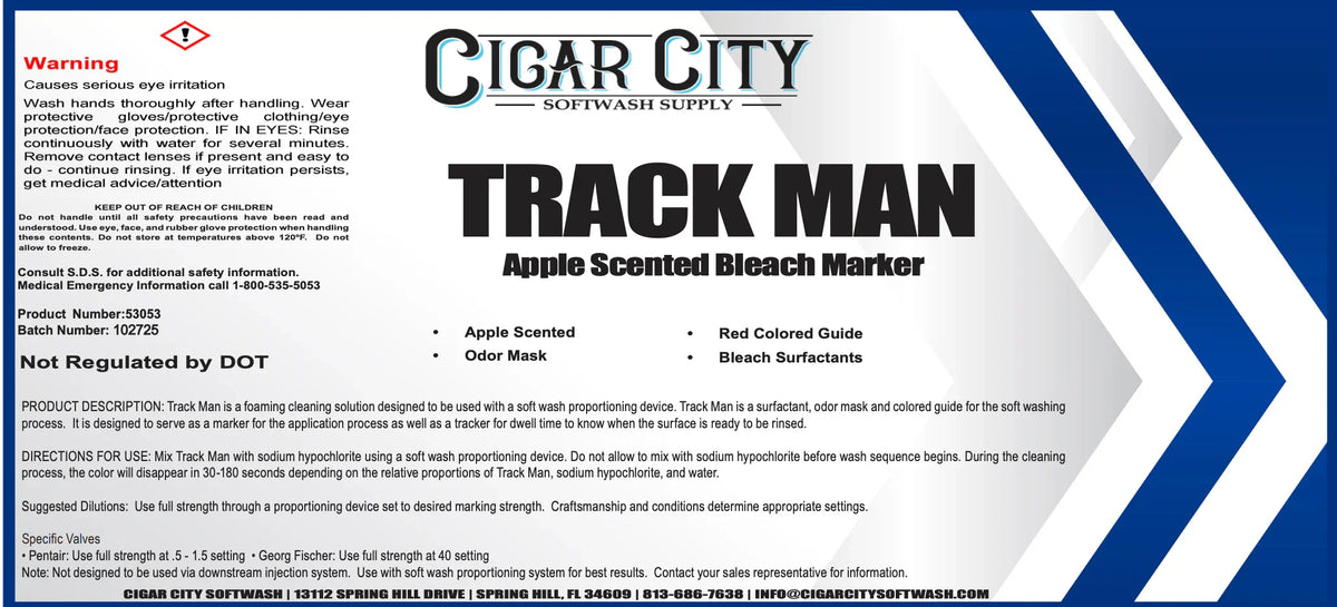 Track Man apple-scented bleach marker for soft wash cleaning solutions with safety instructions